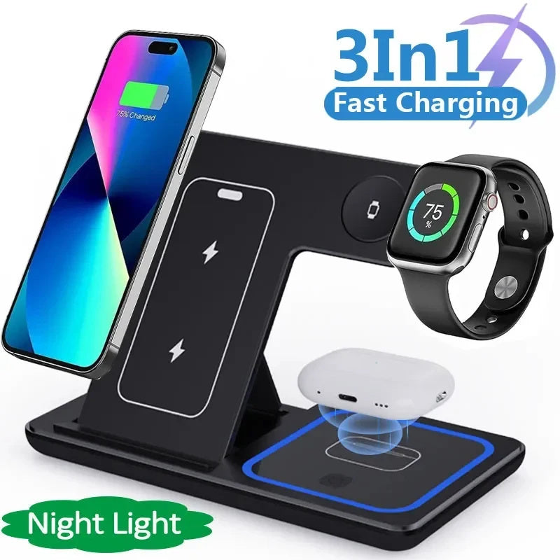 15W 3 In 1 LED Fast Wireless Charger Stand Foldable Charging Station For Smart Phones